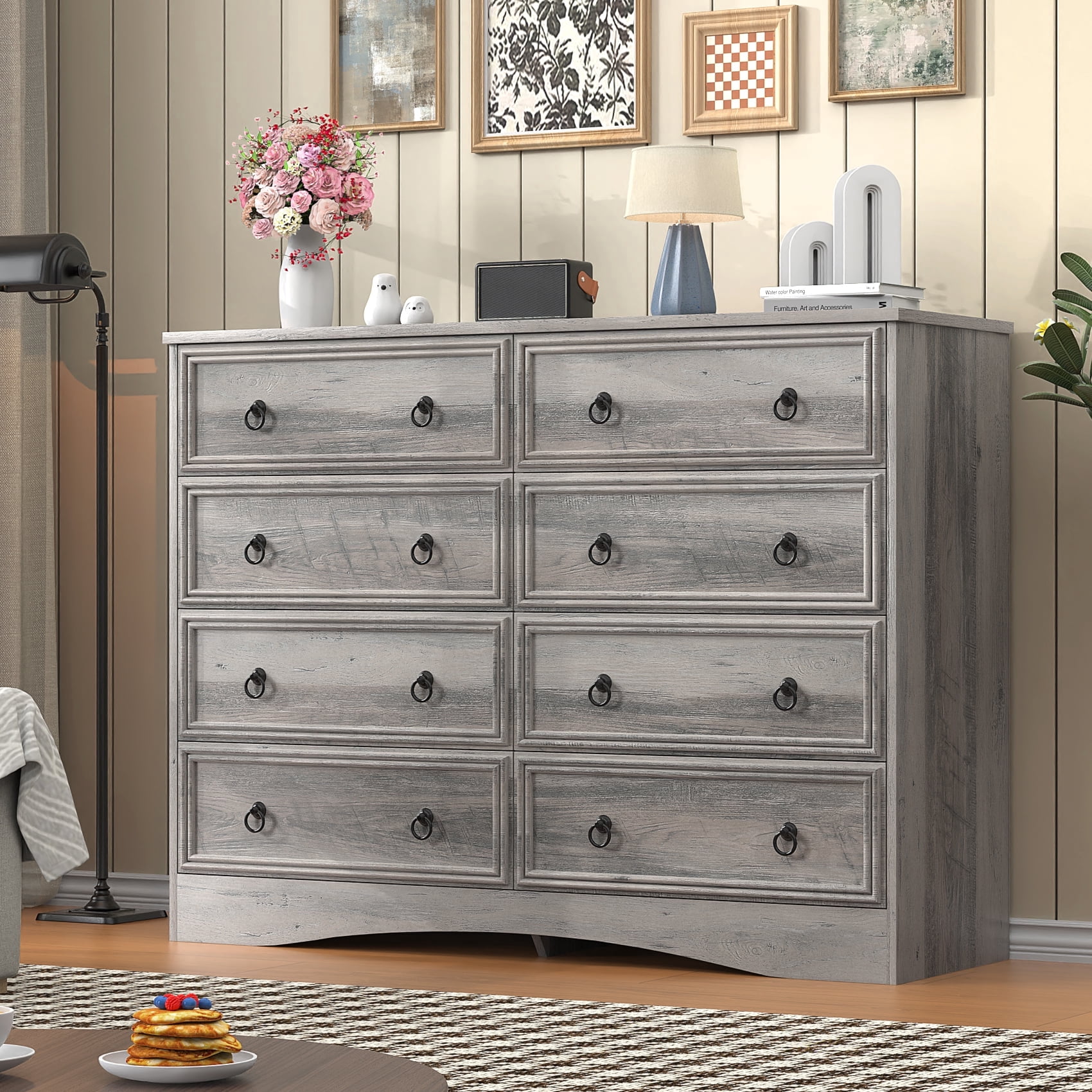 Winkalon Horizontal 8 Drawer Dresser, Gray Wood Storage Cabinet