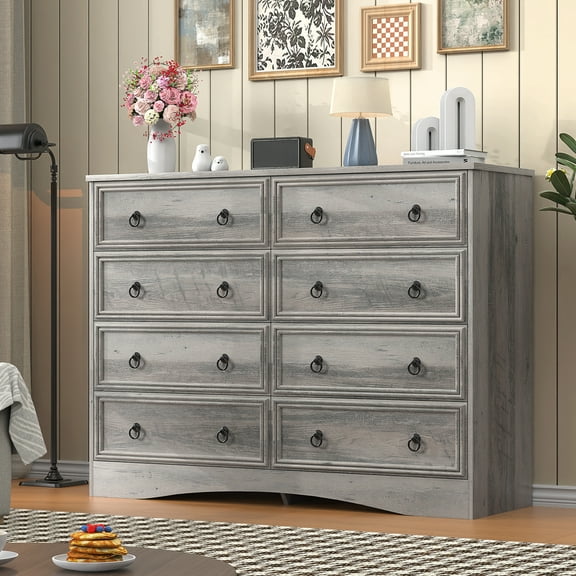 Winkalon Horizontal 8 Drawer Dresser, Gray Wood Storage Cabinet, Double Dresser for Bedroom Living Room