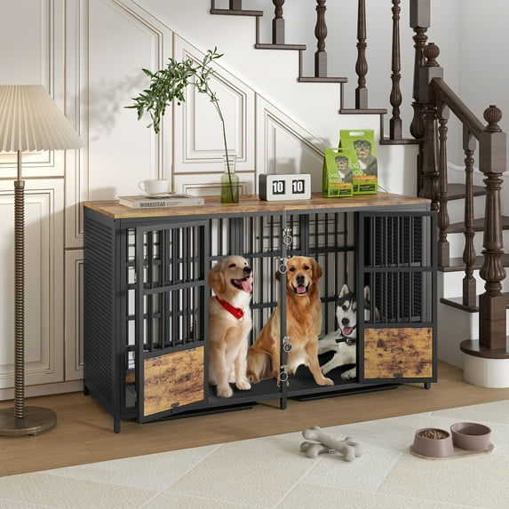 Winkalon Large Dog Crate Furniture,63" Wooden Double Dog Crate Kennel with Divider and Removable Trays,Brown