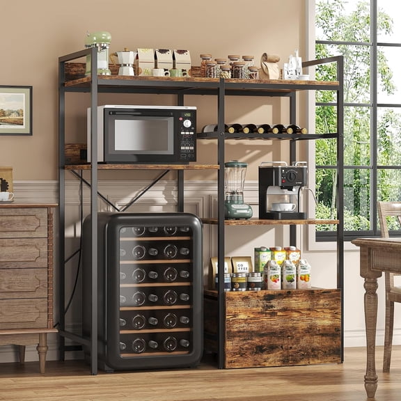 Winkalon Mini Fridge Stand with Storage Shelves, Large Bakers Rack with Power Outlet, Wine Rack & Rolling Drawer, Industrial Refrigerator Stand, Multi-Tier Organizer for Dorm, Apartment, Office