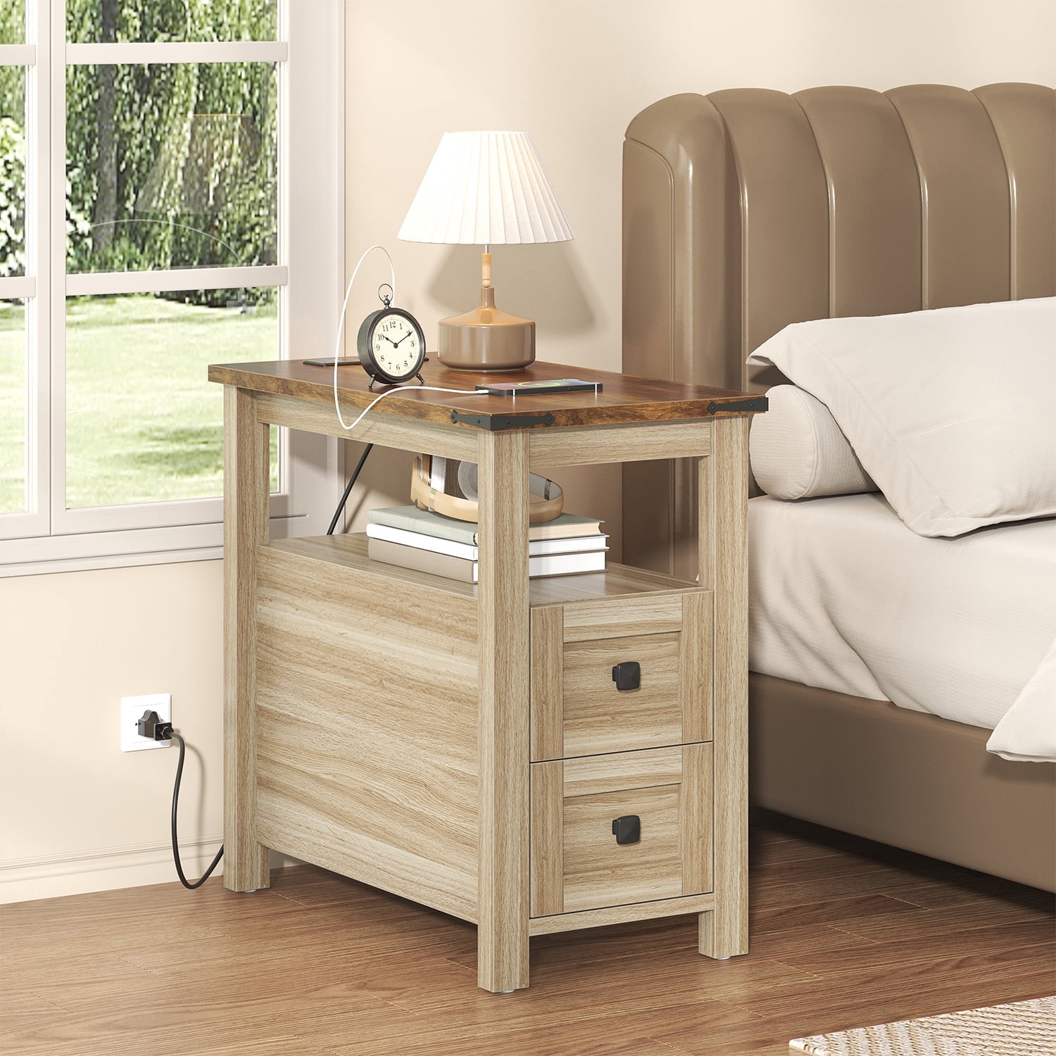 Winkalon Modern Farmhouse 2-Drawer Nightstand with Charging Station for Home Bedroom Living Room, Rustic Metal Wood End Table, Side Table,Oak