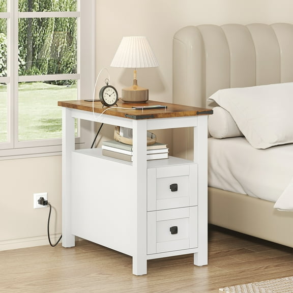 Winkalon Modern Farmhouse 2-Drawer Nightstand with Charging Station for Home Bedroom Living Room, Rustic Metal Wood End Table, Side Table,White