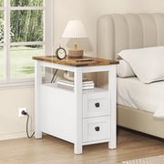 Winkalon Modern Farmhouse 2-Drawer Nightstand with Charging Station for Home Bedroom Living Room, Rustic Metal Wood End Table, Side Table,White
