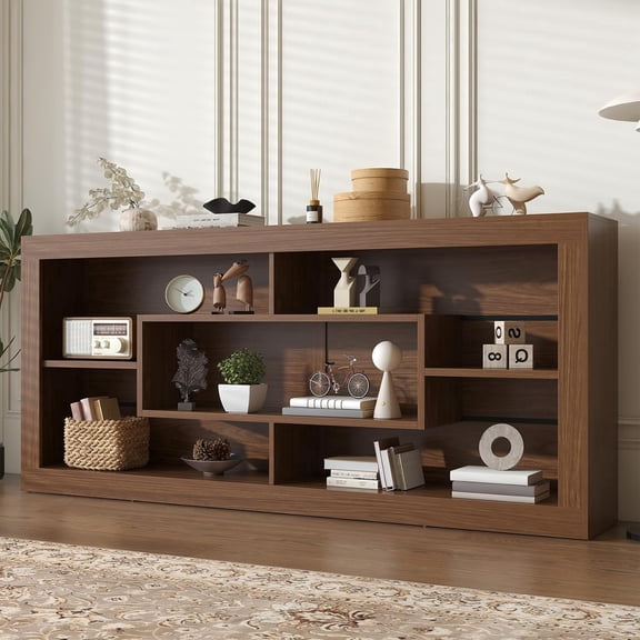 Winkalon Modern Farmhouse 7-Cube Storage Organizer Bookcase, 71” Wide Bookshelf, Large Floor Standing Cubby Shelf Unit with Anti-Tip Kit for Home Office, Living Room, Bedroom,Brown