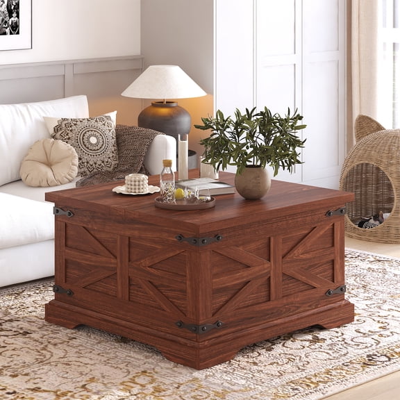 Winkalon Modern Farmhouse Coffee Table, Square Wood Center Table with Large Storage Space,Cherry
