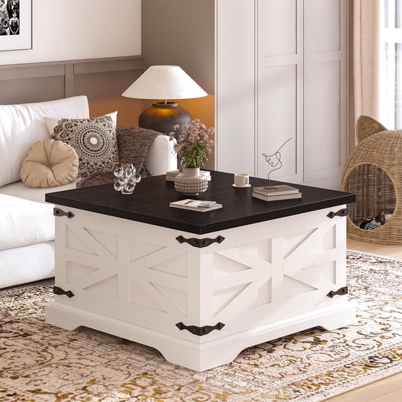 Winkalon Modern Farmhouse Coffee Table, Square Wood Center Table with Large Storage Space,White