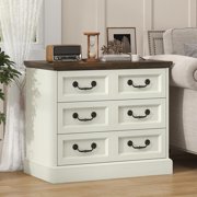 Winkalon Nightstand with Charging Station, 3 Drawer Night Stand, 27.6 Inch Wider Side Table with Storage, Farmhouse Nightstand with Vintage Handles, Thicken Base, for Bedroom, Rustic White