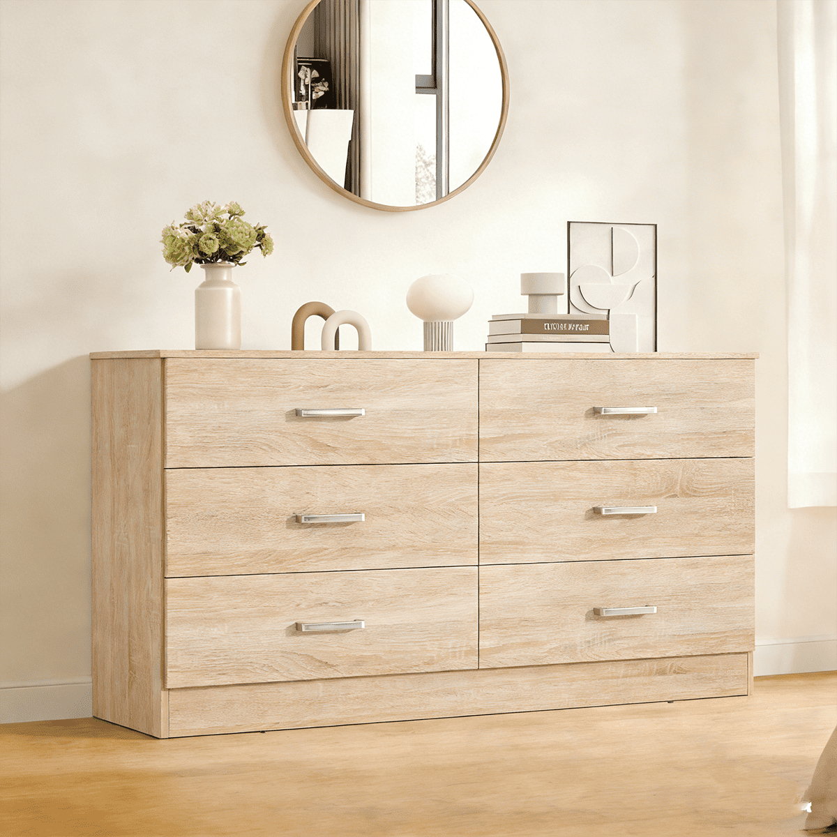 Winkalon Oak Dresser for Bedroom, 6 Drawer Dresser Chest of Drawers, Wood Dressers for Closet, Wide Modern Dressers for Living Room, Hallway, Entryway, TV Stand, Oak
