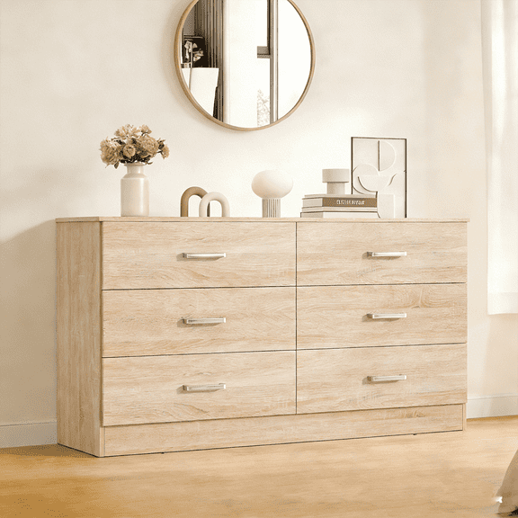 Winkalon Oak Dresser for Bedroom, 6 Drawer Dresser Chest of Drawers, Wood Dressers for Closet, Wide Modern Dressers for Living Room, Hallway, Entryway, TV Stand, Oak
