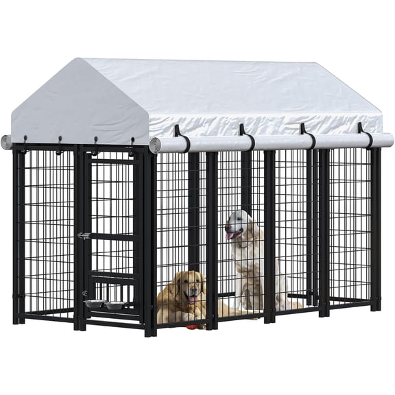 Winkalon Outdoor Dog Kennel with Roof, 8' x 4' x 6' Heavy Duty Dog Run with Waterproof Cover, Secure Lock & Feeder, Large Dog Cage Playpen Crate for Yard or Patio