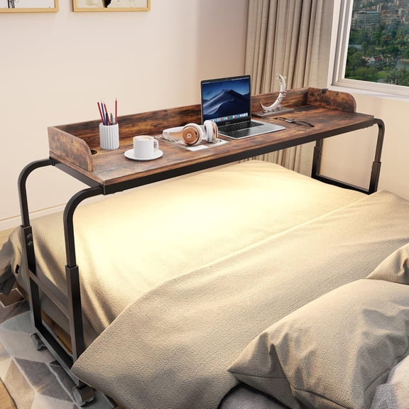Winkalon Overbed Desk with Charging Station-Over Bed Table-Adjustable Length/Height with Wheels and LED Light Mobile Queen Size Bed Table Rolling Tray Table for Eating & Laptops, Brown