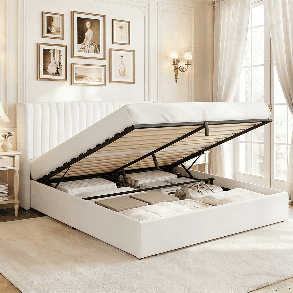 Winkalon Queen Size Lift-Up Storage Bed Frame with Modern Wingback Headboard, Linen Upholstered Platform Bed, Hydraulic Gas Lift Support, Underbed Storage, Wooden Slats, No Box Spring Needed, White