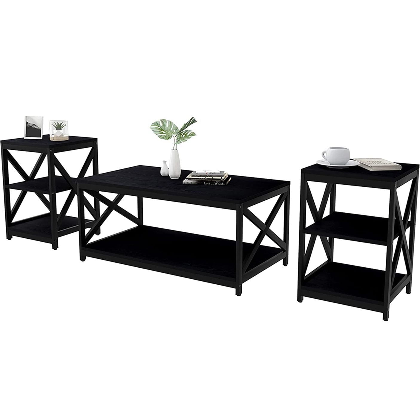 Winkalon Sturdy X-Shaped Wooden Coffee Table, Black