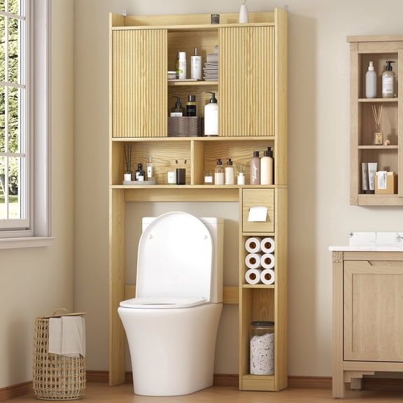 Winkalon Over The Toilet Storage Cabinet, 31''W Modern Fluted Toilet Storage Cabinet with Toilet Paper Storage Holder & Adjustable Shelf for Bathroom, Natural Oak
