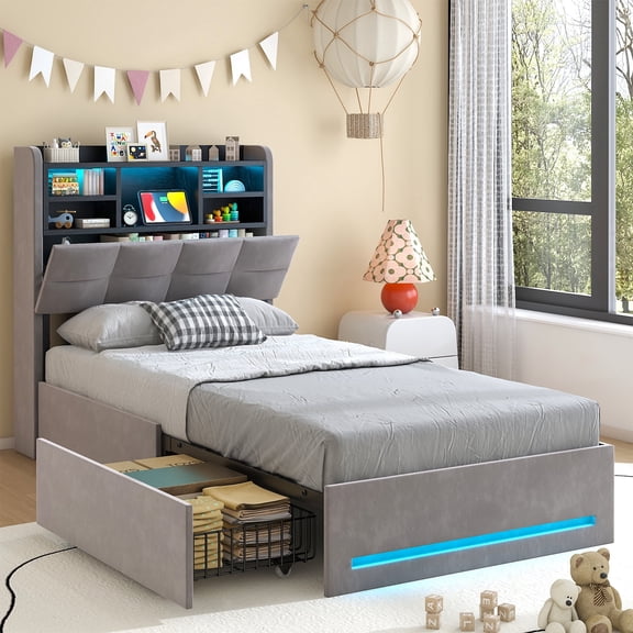 Winkalon Twin Bed Frames with Bookcase Headboard, Velvet Upholstered Bed Frame Twin Size with Charging Station, 4 Storage Drawers and LED Lights, No Box Spring Needed, Dark Grey