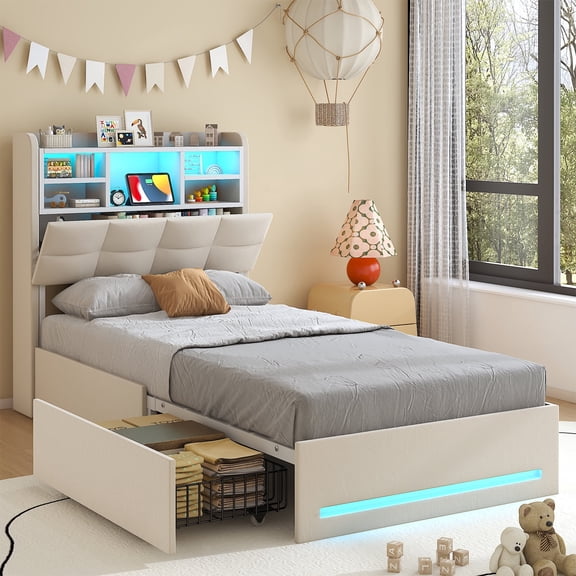 Winkalon Twin Bed Frames with Bookcase Headboard, Velvet Upholstered Bed Frame Twin Size with Charging Station, 4 Storage Drawers and LED Lights, No Box Spring Needed, White
