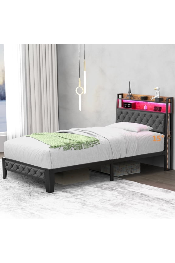 Twin Size Upholstered Platform Bed Frame with Charging Station & LED Lights,Light Gray