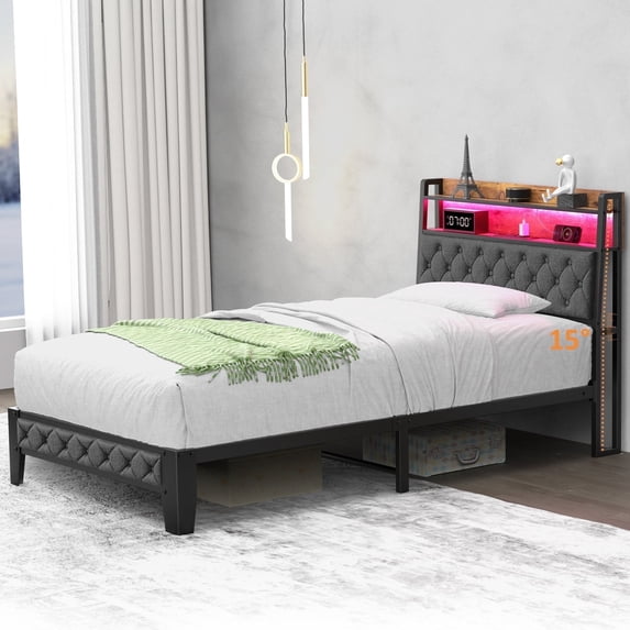 Winkalon Twin Size Upholstered Platform Bed Frame with Charging Station & LED Lights,Light Gray