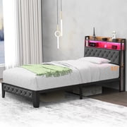 Winkalon Twin Size Upholstered Platform Bed Frame with Charging Station & LED Lights,Light Gray