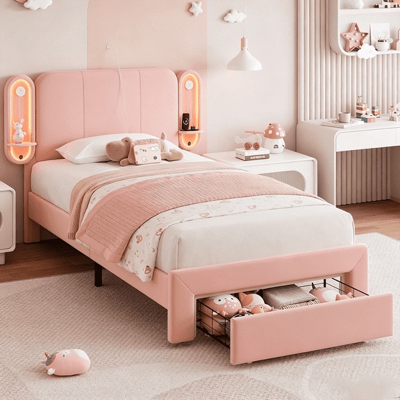 Winkalon Twin Upholstered LED Bed Frame with Drawer, Velvet Princess Platform Bed with Charing Station, Solid Wood Slats Support,No Box Spring Needed, Pink