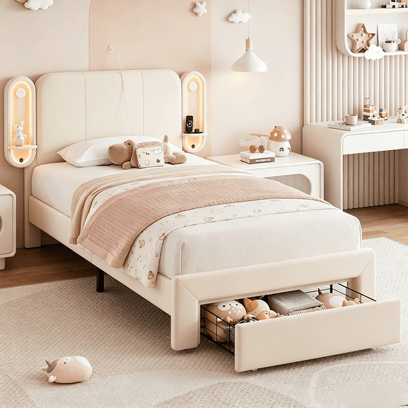 Winkalon Twin Upholstered LED Bed Frame with Drawer, Velvet Princess Platform Bed with Charing Station, Solid Wood Slats Support,No Box Spring Needed, White