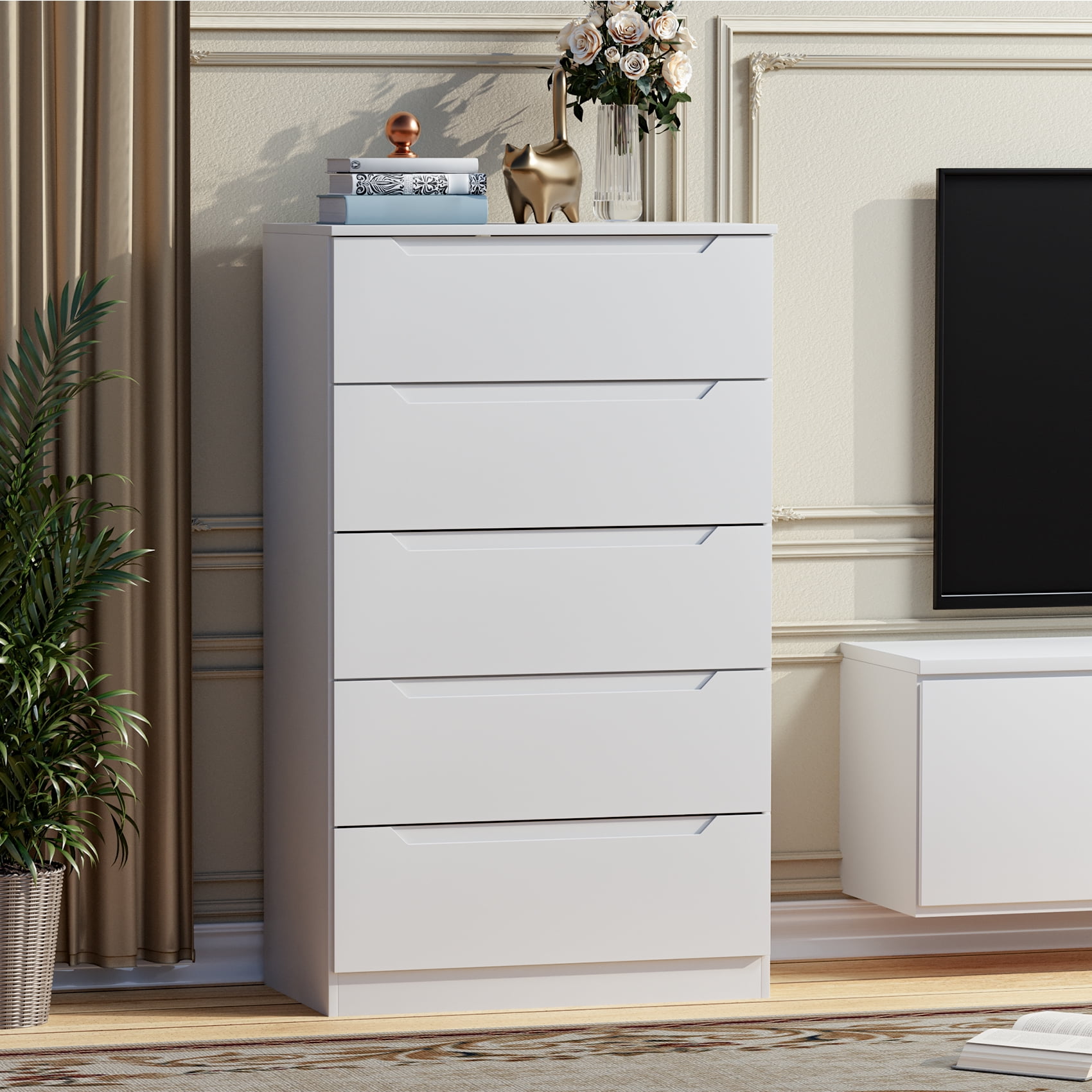 Winkalon Vertical 5 Drawer Dresser, Wood Storage Cabinet with Upgraded Stable Base for Bedroom Living Room, White