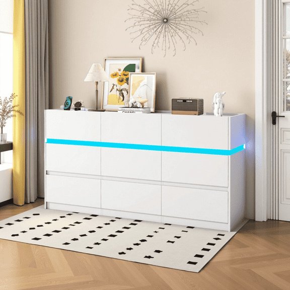 Winkalon White 9 Drawer Dresser with LED Lights and Charging Station, Modern Wood Chest Organizer for Bedroom, Living Room, Hallway