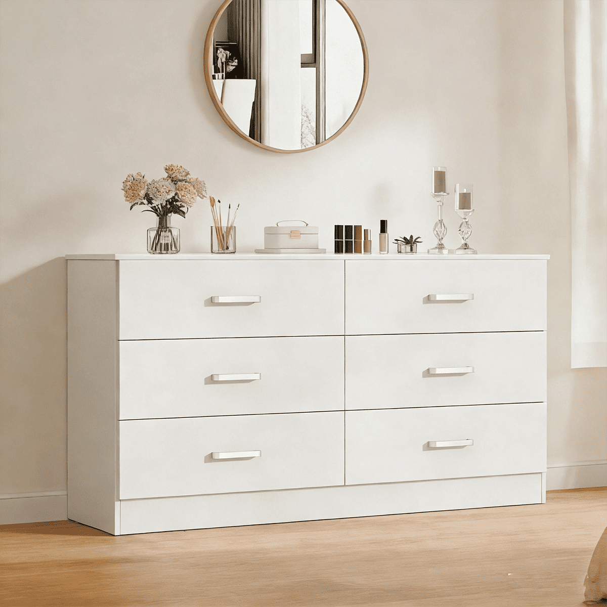 Winkalon White Dresser for Bedroom, 6 Drawer Dresser Chest of Drawers, Wood Dressers for Closet, Wide Modern Dressers for Living Room, Hallway, Entryway, TV Stand, White