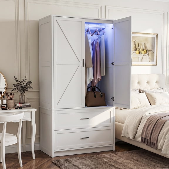 Winkalon Wooden Wardrobe Closet Armoire with 2 Doors, White Storage Cabinet with Mirror and Led Lights, Bedroom Freestanding Armoire for Hanging Clothes