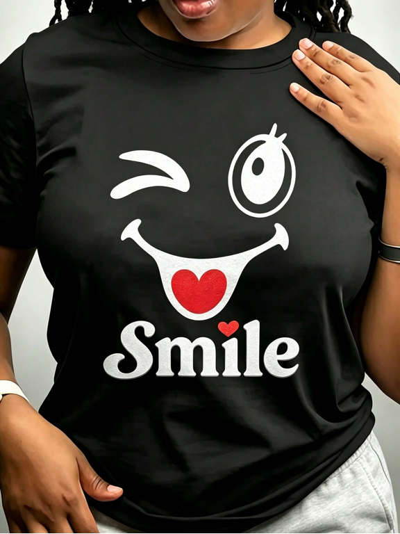 Winking Face Smile Print TShirt Crew Neck Casual Cotton Tee