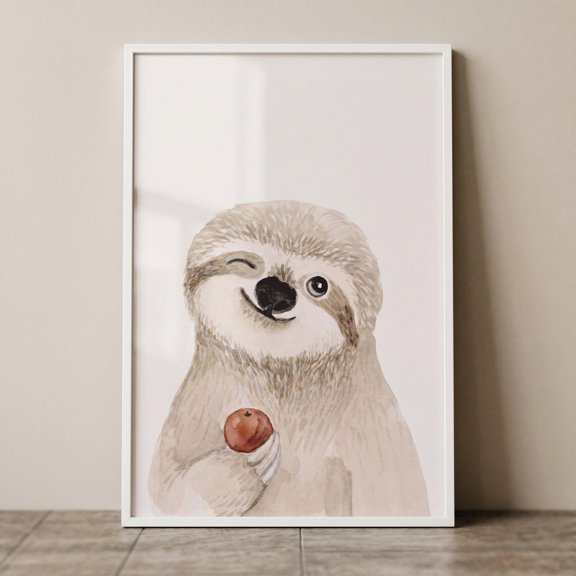 Winking Red Apple Sloth Jungle Nursery Wall Decor Unframed Paper Print
