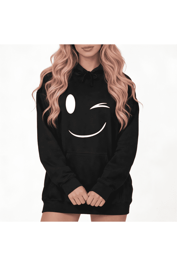 Winking Smile Face Cute Graphic Hoodie Dress Womans Print White/Black Size S-2XL Cozy Comfort Tops