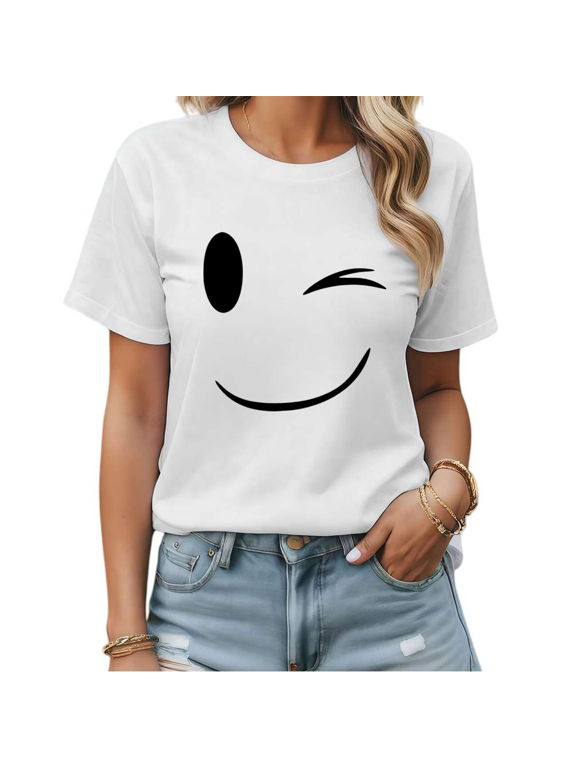 Winking Smiley Face Graphic Tees Womans T-shirt Black/White S-5XL Shirts Cute Casual Tops