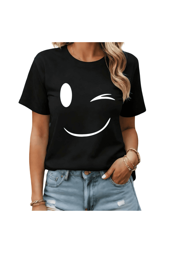 Winking Smiley Face Graphic Tees Womans T-shirt Black/White S-5XL Shirts Cute Casual Tops