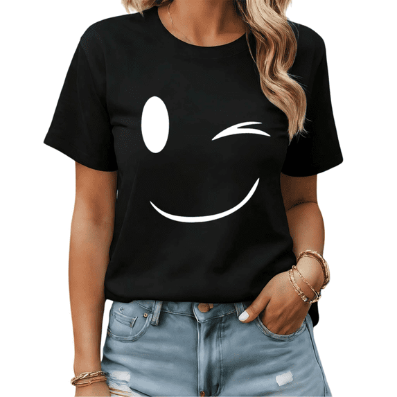 Winking Smiley Face Graphic Tees Womans T-shirt Black/White S-5XL Shirts Cute Casual Tops