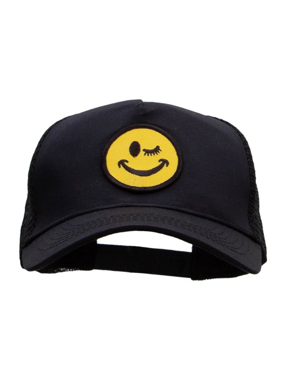 Winking Smiley Face Patched Solid Cotton Twill 5 panel Mesh Back Cap - Black OSFM