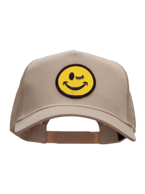 Winking Smiley Face Patched Solid Cotton Twill 5 panel Mesh Back Cap - Khaki OSFM