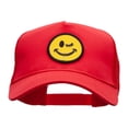 thumbnail image 1 of Winking Smiley Face Patched Solid Cotton Twill 5 panel Mesh Back Cap - Red OSFM, 1 of 5