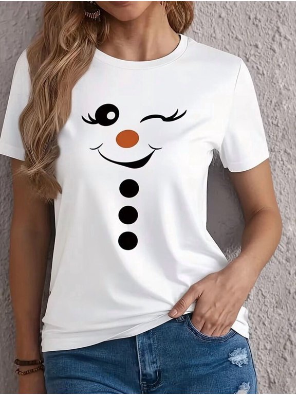 Winking Snowman Face Women Winter Christmas Cute Graphic Holiday T-Shirt, Size S-5XL