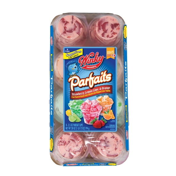 Winky Brand Sugar Free Parfait Gelatin, Strawberry, Lemon-Lime, Orange, 8pk Plastic Cups, Refrigerated, Gluten-Free