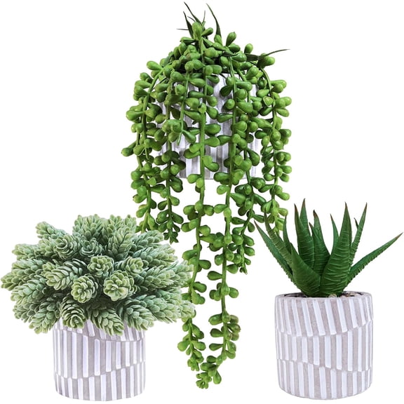 Winlyn 3 Pack Small Faux Succulent Plants Fake String of Pearls Aloe Hops Succulents in Gray Geometric Concrete Pots Artificial Potted Plant for Office Desk Home Tabletop Windowsill Shelf Decor