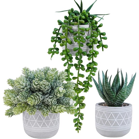 Winlyn Set of 3 Mini Faux Succulent Potted Plants Artificial Aloe Hops String of Pearls Fake Succulents in Gray Geometric Concrete Pots for Home Office Table Shelf Kitchen Living Room Boho Dcor