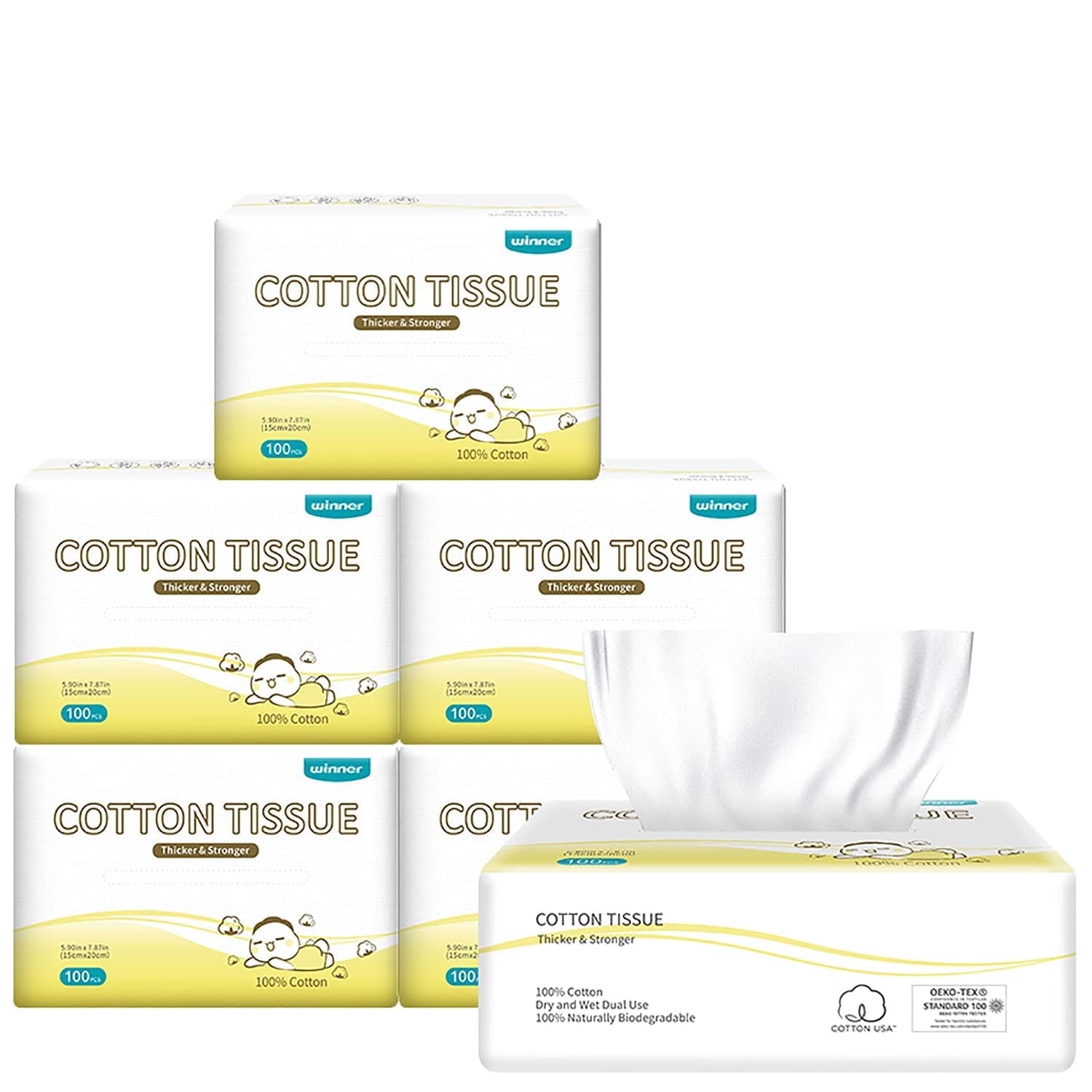 Winner Baby Cotton Dry Wipe, 600 Counts, 7.87"x 5.9", Unscented, Disposable Facial Cotton Wipe for Baby Sensitive Skin