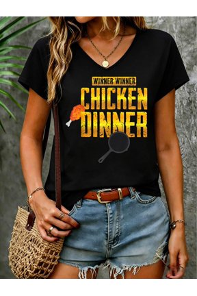 Winner Chicken Dinner Shirt V Neck T-Shirt Cotton Women's V Neck Graphic Tee, Casual Short Sleeve Shirt,Vacation Outfit