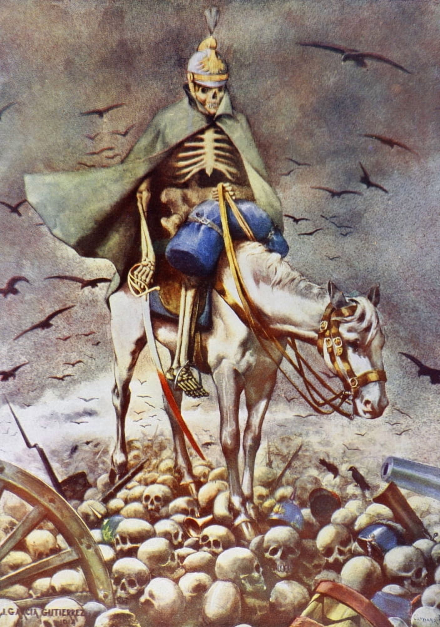 The Winner Death Riding Over Human Skulls And The Wreckage On A Battlefield After A Drawing By Garcia Gutierrez From La Esfera 1914 Canvas Art - Ken Welsh Design Pics (11 x 16)