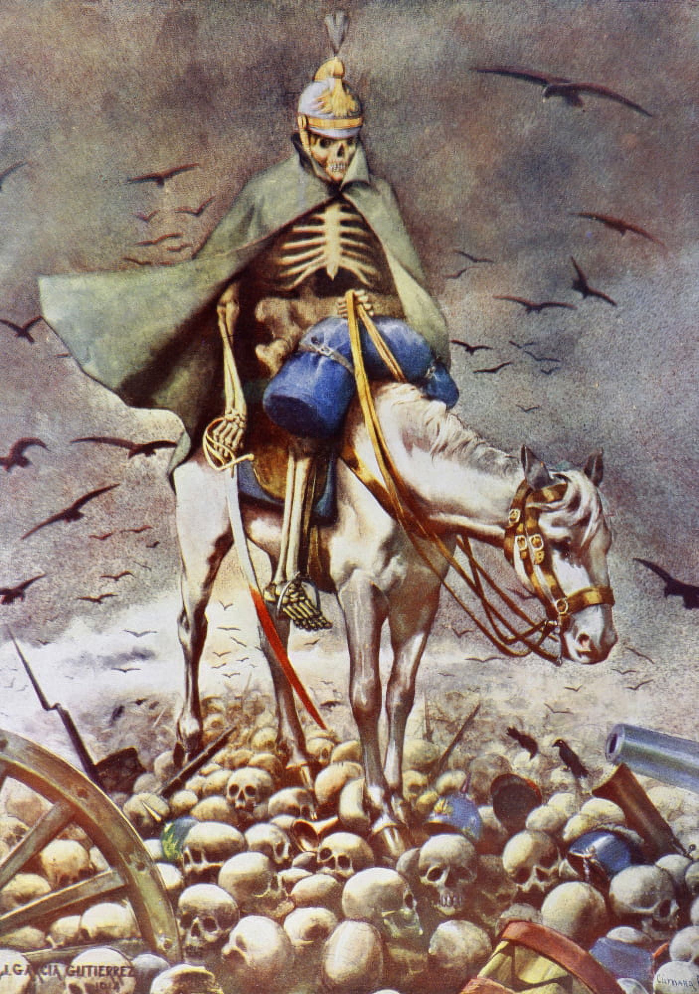 The Winner Death Riding Over Human Skulls And The Wreckage On A Battlefield After A Drawing By Garcia Gutierrez From La Esfera 1914 Canvas Art - Ken Welsh Design Pics (22 x 32)