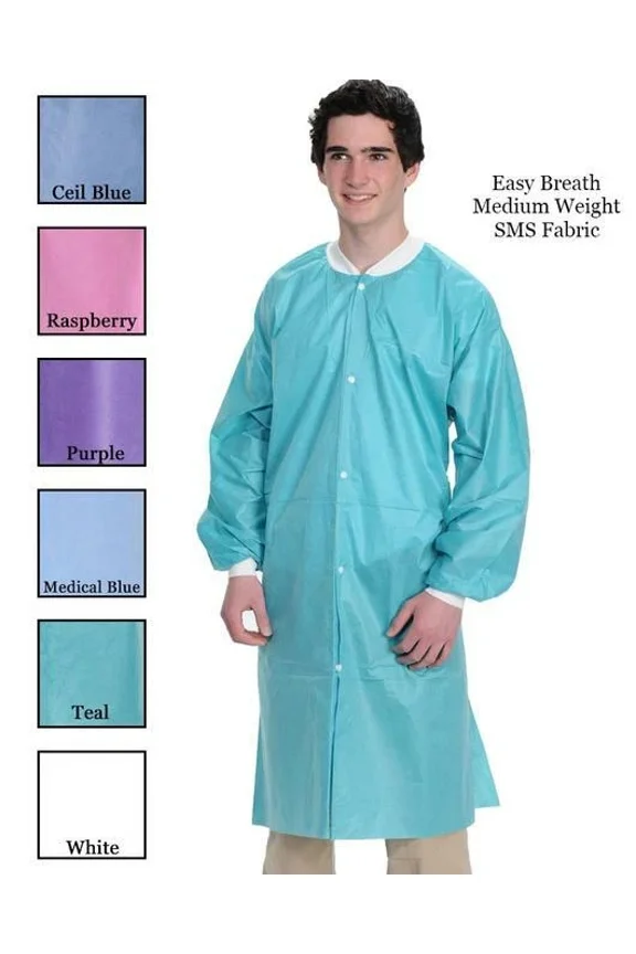 Winner SMS Disposable Lab Coat Unisex Knit Cuffs Collar Knee-Length 3 Pockets Teal Extra Large 10 Pack