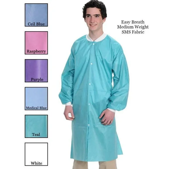 Winner SMS Disposable Lab Coat Unisex Knit Cuffs Collar Knee-Length 3 Pockets Teal Large 10 Pack