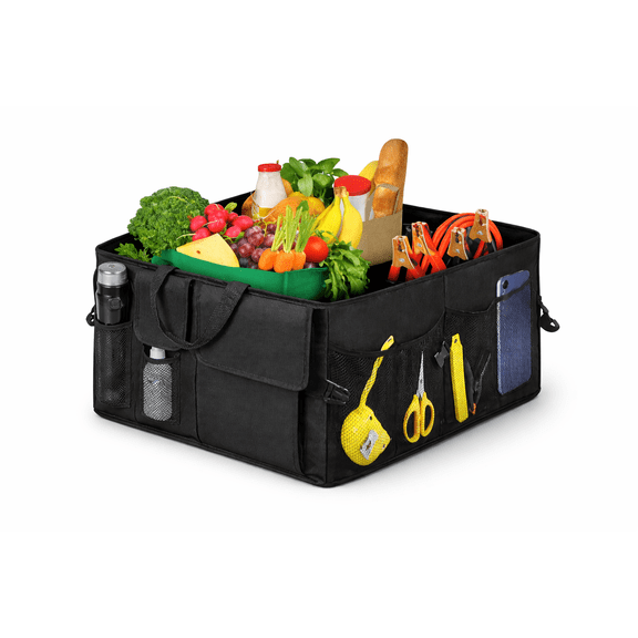 Winners Circle Car Trunk Organizer, Foldable Multi-Compartment Storage with Handles & Mesh Pockets, Black