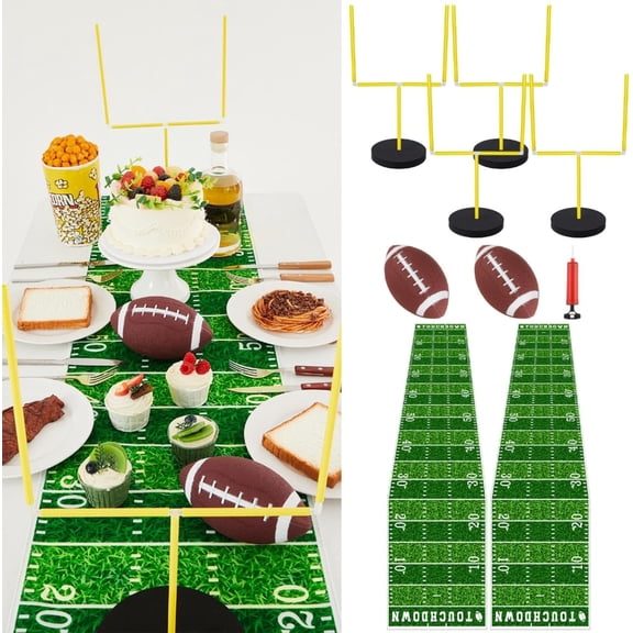 WinnerWhy 9 Pcs Football Party Goal Post Decoration Kit Includes 4 Football Field Goal Post 2 Football Court Table Runner 2 Mini Football 1 Pump for Football Theme Birthday Party Supplies